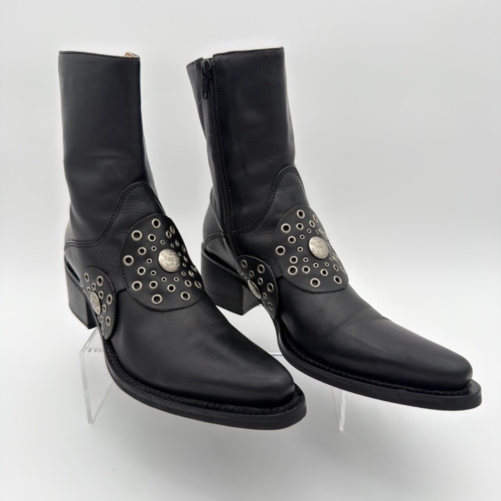 Nine West Vintage Black Leather Western Ankle Boots Grommet Harness 6M